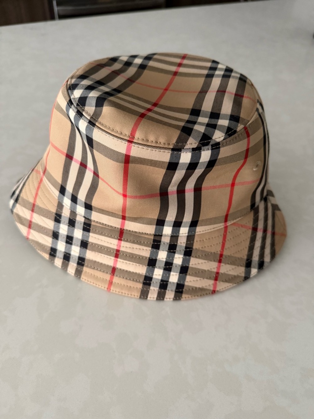 Burberry Beige Plaid Bucket Hat with Black and Red Check